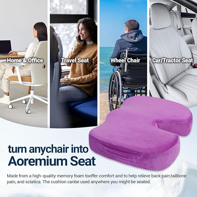 Season Guard Tailbone Pain Relief Office Chair Seat Cushion, Memory Foam Gel Seat Cushion for Sciatica Pain Relief with Washable Cover, Butt Cushion for Long Sitting, Velvet, Purple