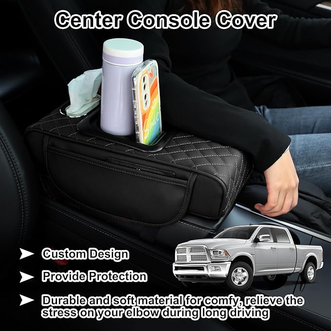 Car Armrest Cushion,5-in-1 Center Console Cover with 2 Storage Bags Cup Holder, Tissue Box Slot, Phone Slot for Sedans, Car Accessories Interior Organizers