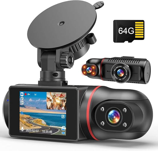 Dash Cam Front and Inside, FHD Dashcams for Cars with 64GB Card Dash Camera for Cars, 1080P Front Dash Cam+1080P Inside Dashcam for Car Dash Camera with IR Night Vision Loop Recording
