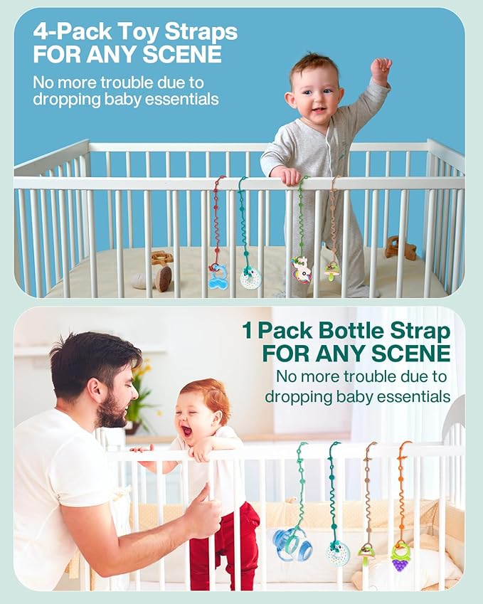LittleHugs Toy Straps for Baby, 5pcs Adjustable Toy Holder for Stroller Accessories, Silicone Tether Pacifier Clip, No Throw Travel Essential Leash for High Chair, Car Seat (5-Pack)