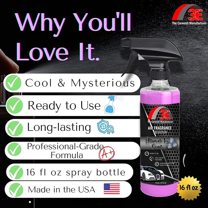 3E Car Air Freshener Premium Ultimate Ice Scent 16 fl oz – Professional Automotive Air Freshener & Odor Eliminator, Long-Lasting Interior Fragrance for Cars, Trucks, SUVs, RV, Home & Office