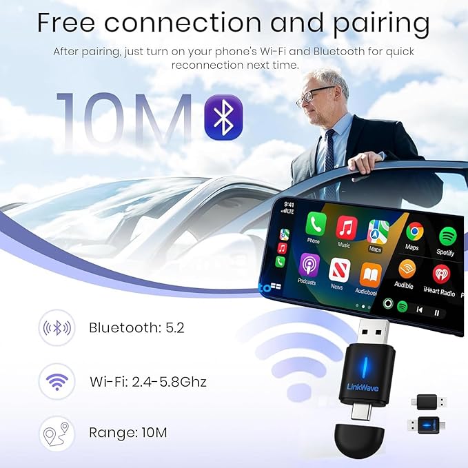 Wireless CarPlay adapter & wireless Android Auto adapter, 2-in-1 USB-A/USB-C dongle for factory wired CarPlay iOS 10+ & Android 11+ cars, easy to install, 3s auto-connect, 5.8 GHz Wi-Fi, Bluetooth 5.2