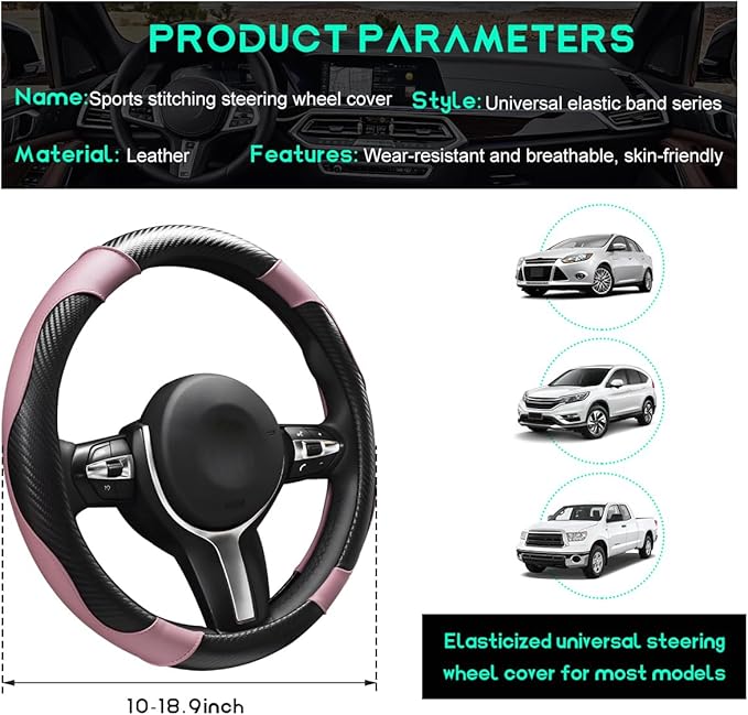 Car Steering Wheel Cover, 15 inch Carbon Fiber Microfiber Leather Elastic Steering Wheel Protector, Breathable Anti-Slip Comfortable Steering Wheel Covers for Most Cars (Black&Pink)