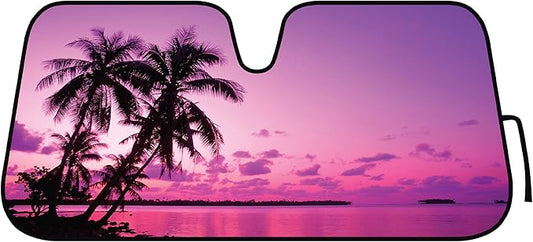 BDK Purple Sunset Beach Front Windshield Sun Shade Accordion Folding Cute Car Window Shades for Truck & Car Sunshade Shield for Sun UV Rays - Visor Protector Keeps Your Vehicle Cool - 58 x 27 inches
