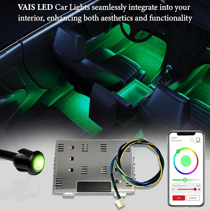 VAIS Technology Interior LED Car Lights with App & CarPlay Control and RGB Color Change - Fiber Optics Based Design, 6 Light Outputs, Waterproof and 3-Year Warranty