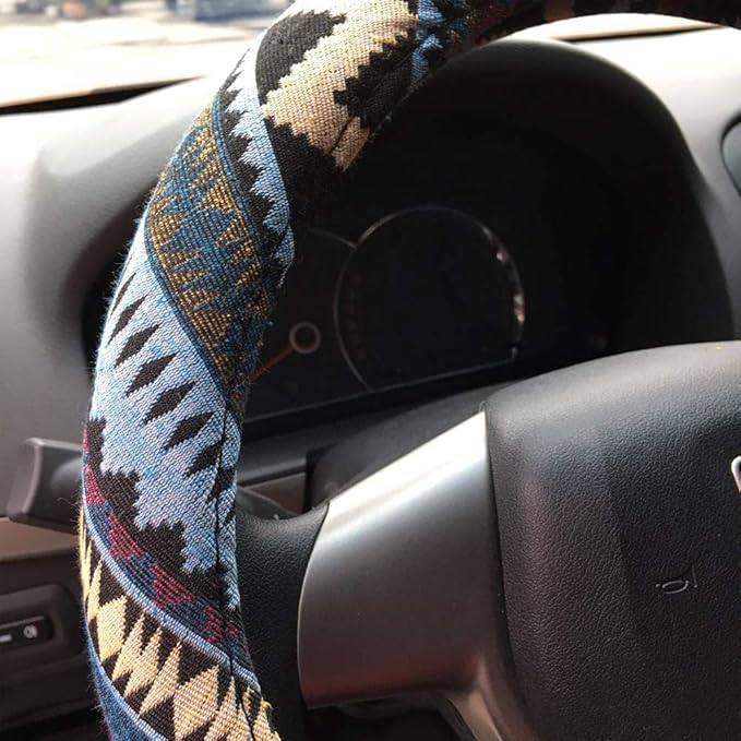 SHIAWASENA Car Steering Wheel Cover, Coarse Flax Cloth, Ethnic Style, Universal 15 Inch Fit, Anti-Slip Sweat-Absorbent (I#)