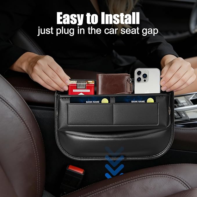 Car Seat Gap Filler Organizer, Universal Premium Leather Car Gap Filler with Card Slots for Front Seat Between Car Seat and Console Hold Phone, Sunglasses, Keys, fit for Car Suv Truck - 1 Pack, Black