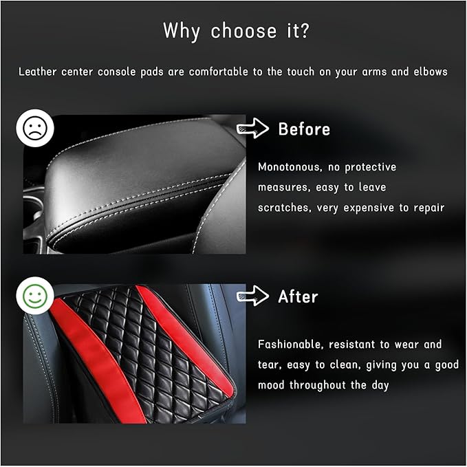Car Center Console Cushion Pad, Universal Leather Waterproof Armrest Seat Box Cover, Comfortable Auto Armrest Cover Protector, Car Interior Decor Accessories for Most Vehicles (Black & Red)