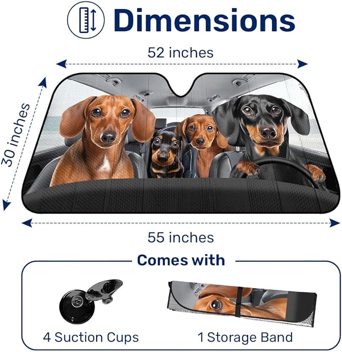 GENANY Cute Dachshund Dog Family Funny Windshield Sun Shade for SUV Truck (55x30 Inches), Windshield Sun Shade, Protector Blocks UV, Car Decor