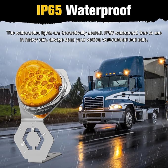 2PCS Watermelon Lights with Stainless Steel Bracket, 17 LED Dual Function Watermelon Light, Amber Lens Stop Turn Signal Marker Lights for Freightliner Semi Trucks Trailers