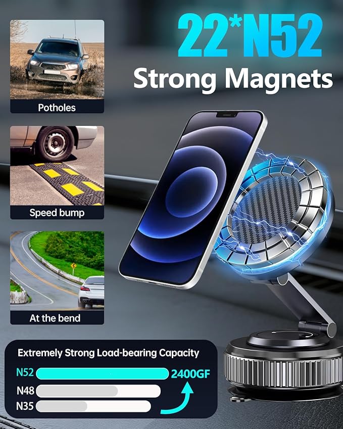 Car Phone Holder for MagSafe - Magnetic Vacuum Mount 360° Adjustable, Compatible with iPhone 17-12 Series & Android Devices, Cell Phone Holder for Your Car Dashboard Windshield with Magnetic Ring