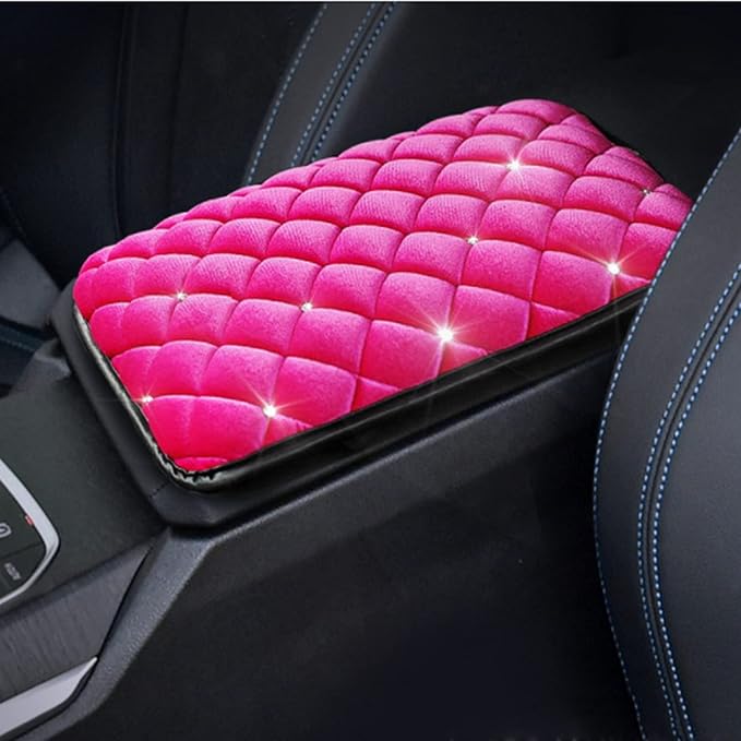 Bling Bling Car Armrest Cover Auto Center Console Protective Cover Luster Crystal Rhinestone Car Arm Rest Cushion Pad Car Interior Accessory (Pink 2)