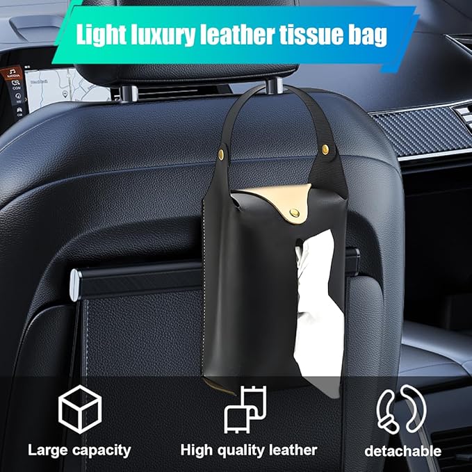 Car Tissue Holder, Large Car Headrest Hanging Tissue Box Cover, PU Leather Auto Napkin Holder, Universal Vehicle Backseat Paper Organizer for Cars Sun Visor (Black)