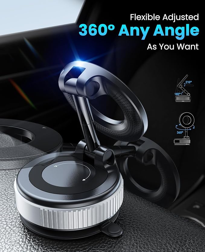 Jononser Magnetic Suction Cup Phone Mount for Magsafe, 360° Adjustable Magnetic Car Phone Holder, Pocket Size Foldable Car Mount, Phone Holders for Your Car for iPhone 17 16 15 14 13 12 Series,Silver