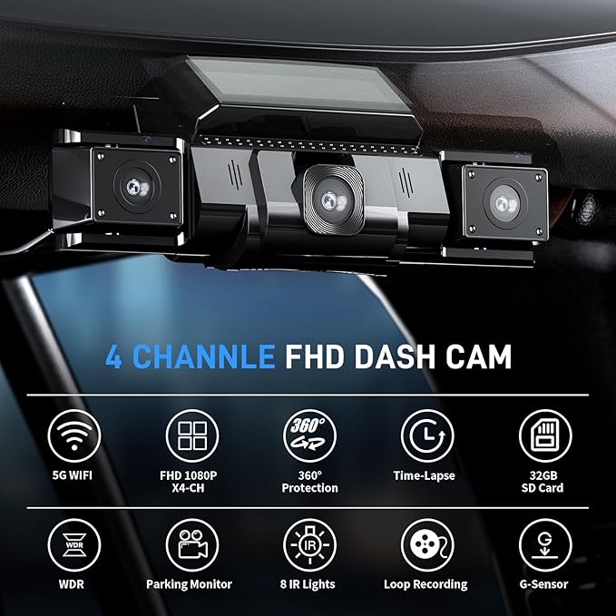 4 Channel Dash Cam 360 View Front Rear Left Right Car Camera,GPS and 5GHz Band WiFi,APP Control,G-Sensor,24H Parking Mode,8PCS IR Lights Night Vision,Wide Angle,WDR,Included Free TF Card