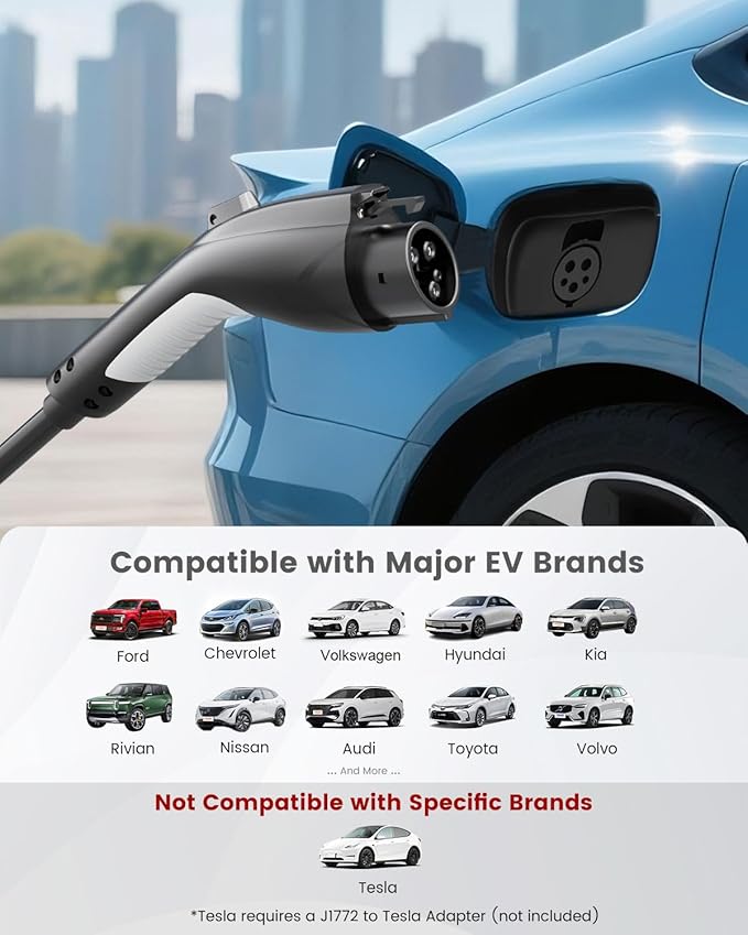 EVDANCE Level 1 & 2 EV Charger, 16A 110-240V Portable Electric Car Charger with 25ft Cable, Adjustable Current, Delayed Start, LED Screen, Universal EV Charger Compatible with All J1772 EVs