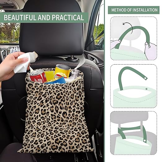 Cute Car Trash Can, Hanging Canvas Car Back Seat Organizer and Storage Bag, Funny Car Trash Bag For Travelling, Outdoor Cute Brown Leopard