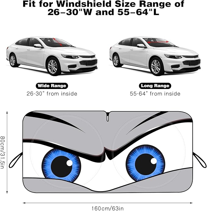 Car Windshield Sun Shade, Funny Eyes Sun Visor, Wear-Resistant Black Tape, Foldable 59‘’x27.5‘’/63''x31.5''