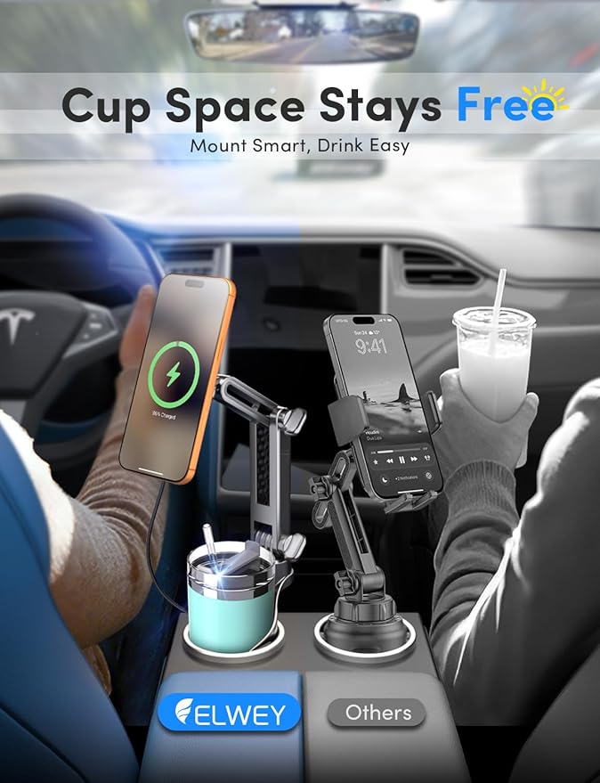 ELWEY for Magsafe Car Mount Charger Wireless, Upgraded 3 in 1 Cup Phone Holder with Dual Flexible Bases, 15W Fast Charging Phone Holder Magnetic, Powerful N55 Magnet, 15" Height, for iPhone 17 16 15