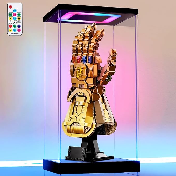 Clear Acrylic Display Case with Light for Lego 76191, Multiple Color Lights Dustproof Protection Display Box for Collectibles Action Figures（7.5×6.3×14.2inch）