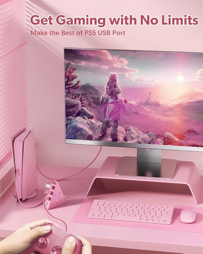 4-Port USB 3.0 Hub, FlyingVHUB Vertical Data USB Hub with 2 ft Extended Cable, for Mac, PC, Xbox One, PS4, PS5, iMac, Surface Pro, XPS, Laptop, Desktop, Flash Drive, Mobile HDD(Pink)
