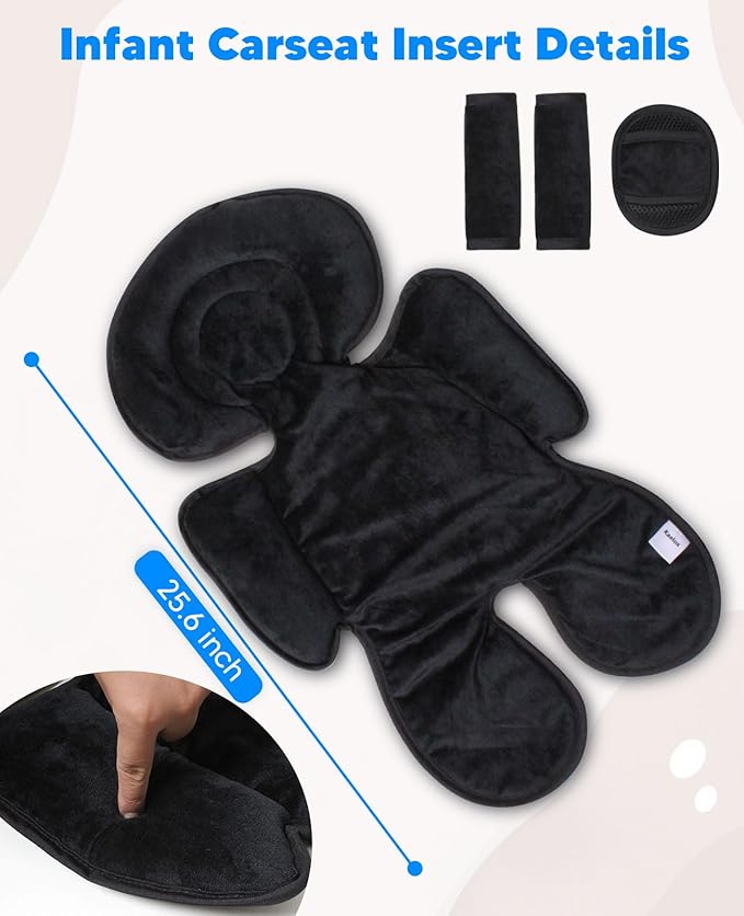 Infant Car Seat Insert for Newborn Girls Boys, 3 in 1 Reversible Cushion for Carseat with Strap Pads Buckle Cover Extra Soft Carseat Support Pad for All Season, Black