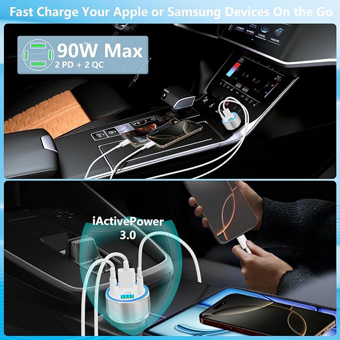 USB C Car Charger, KYOHAYA 2Pack 90W 4-Port Dual USB-C & USB-A Car Power Cigarette Lighter PD/QC3.0 Type C Car Carplay Charger Fast Charging for iPhone 17 17 Pro 16 15 14 13 12 11/Galaxy S26 S25/Pixel
