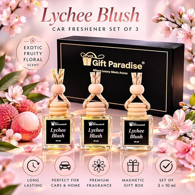 Lychee Blush Car Air Freshener Set of 3 (10 ml Each), Hanging Diffuser Bottles with Wooden Cap, Exotic Fruity Floral Blossom Scent for Car, Home & Closet, Magnetic Gift Box
