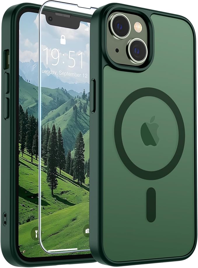 SUPFINE Magnetic for iPhone 14 Case & iPhone 13 Case (Compatible with MagSafe)(Military Grade Drop Protection) Slim Translucent Matte Shockproof Phone Cover,Forest Green