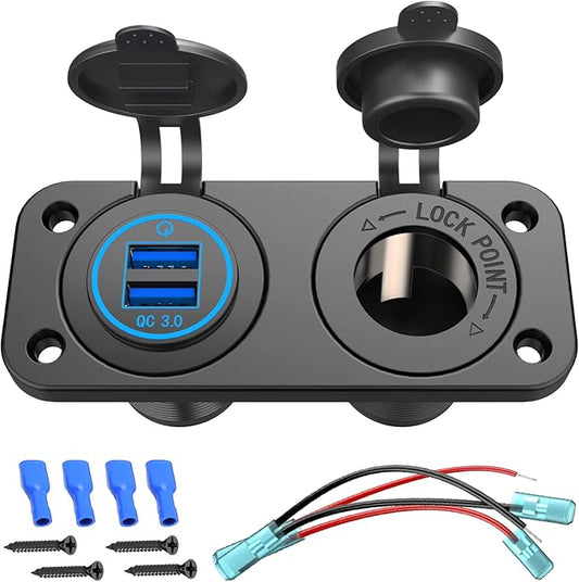 QC 3.0 USB Outlet 12V Boat Marine Waterproof Cigarette Lighter Socket Splitter 12 Volt DC Power Charger Adapter DIY Kit with Blue LED Dual USB Ports for Rocker Switch Panel on Car RV Golf Cart ATV