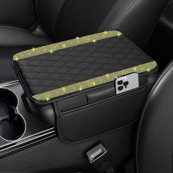 NBTEPEM Bling Car Center Console Cover, Leather Car Arm Rest Cover Cushion with 2 Storage Bags, Universal Auto Armrest Protector Storage Box, Bling Accessories Interior for Most Vehicles (Yellow)