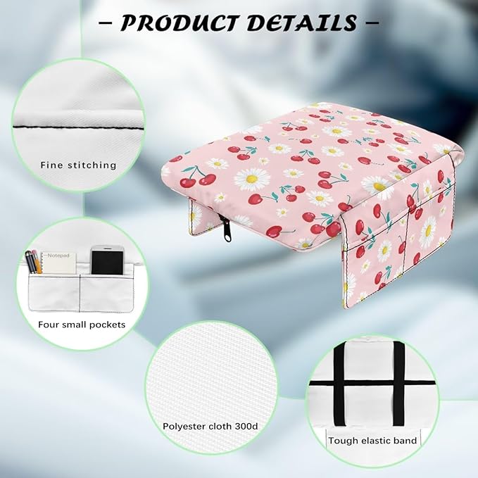 Dreaweet Car Console Covers with Pockets Pink Arm Rest Cover for Car Women Thick Car Armrest Cushion Pad Cute White Daisy Cherry Print Car Accessories for Women