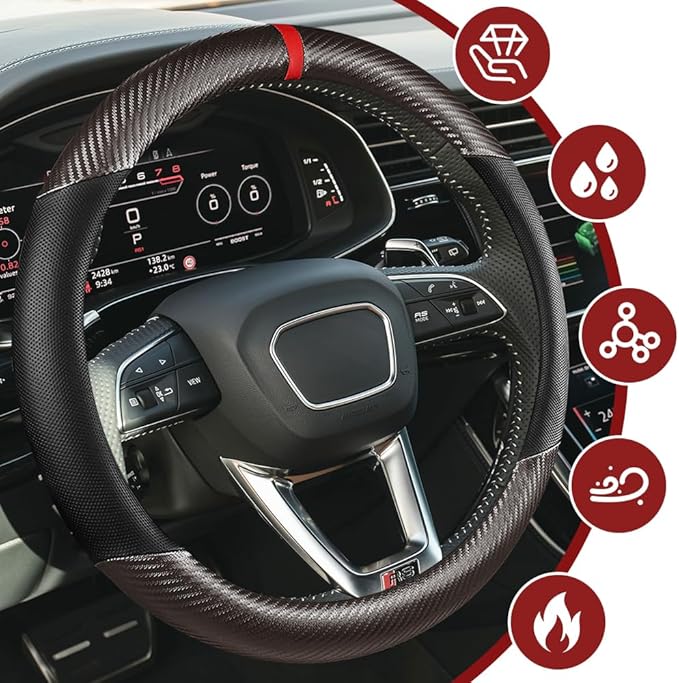 Car Steering Wheel Cover, Steering Wheel Accessories, 15 Inch Microfiber Leather Carbon Fiber Soft Anti-Slip Breathable, Car Accessories Elastic Non-Slip Cover for Most Vehicles (Black Gray)