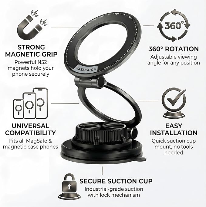 Magnetic Car Phone Mount, 0.83" Ultra-Slim Foldable Holder, [Vacuum Suction & Adhesive Pad] for Textured Dashboard/Windshield, 3-Joint Metal MagSafe Mount for iPhone 17 Pro Max/Pixel (Black)