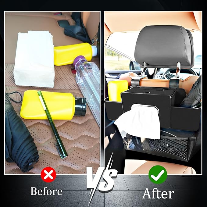Car Back Seat Organizer with Multi-Pocket Design Leather Organizer with Cup Holders, Tissue Box, and Storage Hooks for Car Interiors - Universal Compatibility-black