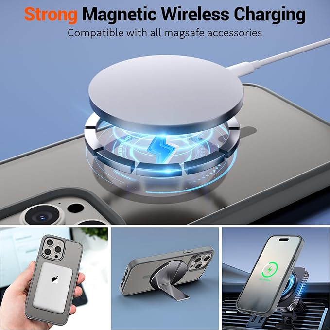 SUPFINE Magnetic for iPhone 15 Pro Case (Compatible with MagSafe) (Military Grade Drop Protection) Translucent Matte Shockproof Phone Case, Gray