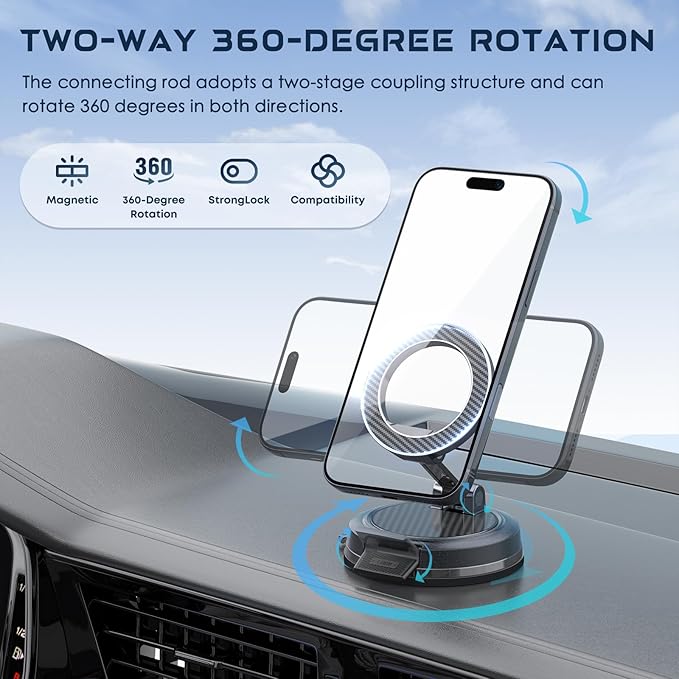 Strong Magnetic Phone Holder for Car & Desk, Compatible with MagSafe, Secure Lock, Universal 360° Rota-Table Car Phone Mount for Dashboard, Glass, Table, Carbon Fiber