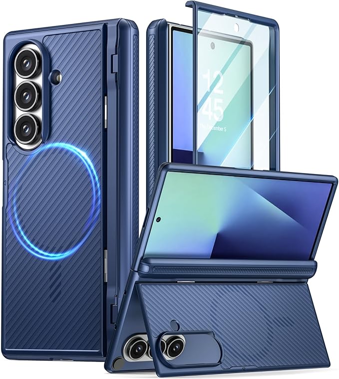 Poetic Revolution Flex Case for Galaxy Z Fold 7, [Hidden Foldable Kickstand][Hinge Protection][MagSafe Compatible], Full Body Shockproof Galaxy Z Fold 7 Cover with Built-in-Screen Protector, Navy Blue