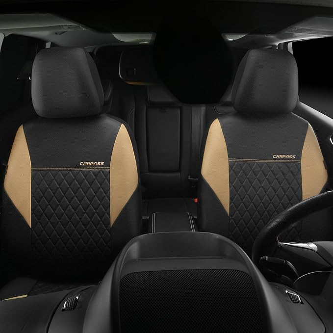 CAR PASS Quilting Leather Front Seat Covers, Automotive Waterproof Deluxe PU Premium Vinyl Luxury Two Front Seats Only Universal Fit for Cars Sedans SUVs Airbag Compatible,2 Pieces,Black&Beige