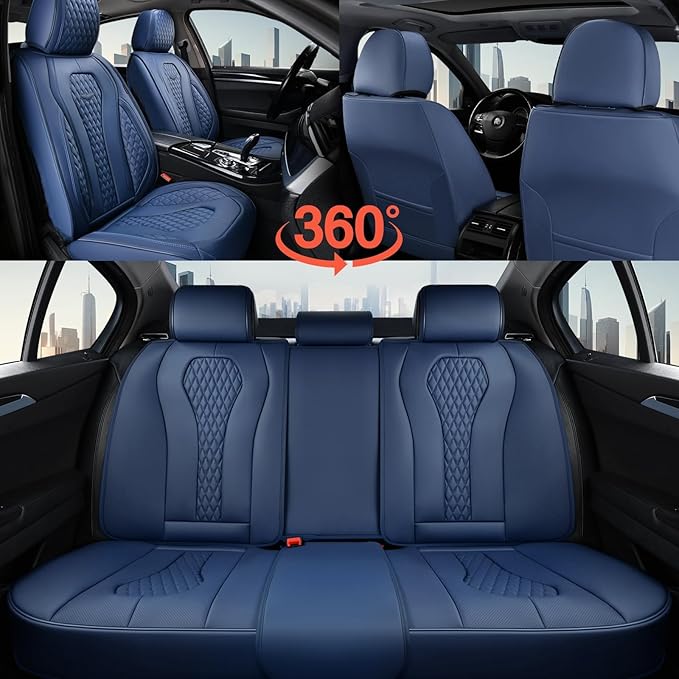 Coverado Seat Covers, Car Seat Covers Full Set, Blue Car Seat Cover, Car Seat Covers Front Seats Back Seat Cover, Waterproof Car Seat Cushion,Leather Seat Covers Seat Protector Universal Fit Most Cars