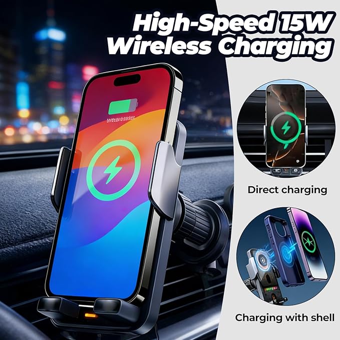 2026 New Cool Car Wireless Fast Charging Holder, Motorized 90° Rotating Phone Mount Charger with Auto-Clamping, 15W Wireless Car Charger for Smartphones, Smart Sensor Air Vent Accessories