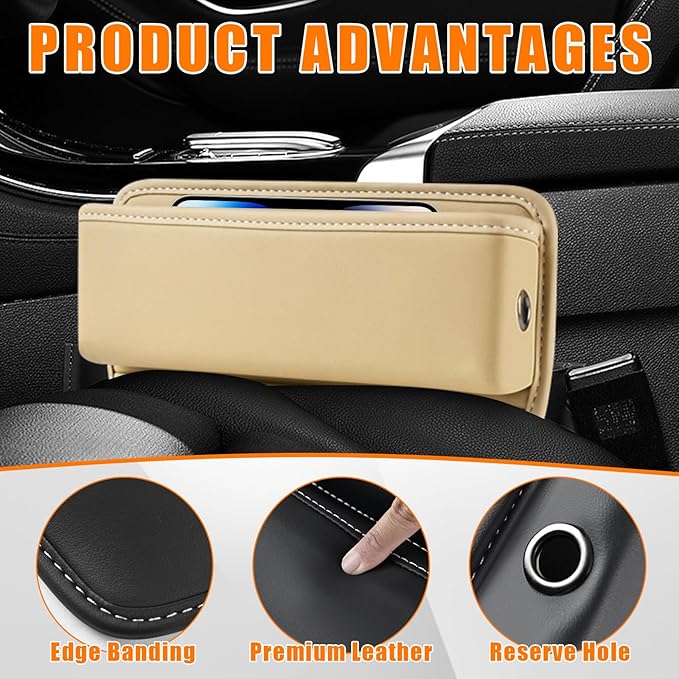 Ziciner Car Seat Gap Organizer, Premium Leather Auto Seat Storage Box, Vehicle Adjustable Front Seat Gap Filler, Car Seat Side Pocket Organizer for Phones, Glasses, Keys, Money, Cards (Beige)