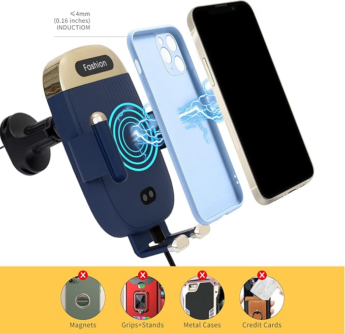 Wireless Car Charger Mount,15W Qi Fast Charger, Wireless Car Charger Smart Sensor Air Vent, Automatic Clamping Phone Holder for iPhone 13/12/11//XS/XR/8, Samsung S22/S21/S20/Note 20, etc (Blue)