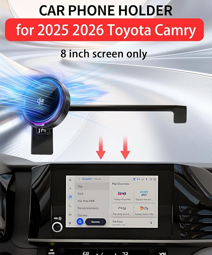 Qi2.2 25W Magnetic Car Mount Charger for 2025 2026 Toyota Camry Accessories, for Fast Charging Cell Phone Holder 8 Inch Screen Fixed Clip with Cooling Fan＆54W Fast Adapter
