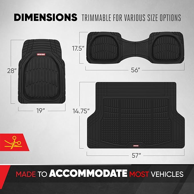 Motor Trend FlexTough Contour Liners Deep Dish 3 pc Rubber Floor Mats & Trimmable Trunk Liner Cargo Mat - Heavy Duty All Weather Protection Car Mats with Traction Grips Car Accessories (Black)