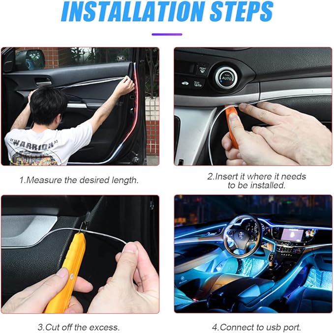 EL Wire LED Strip Lights, USB Auto Neon Light Strip with Sewing Edge, 16FT Electroluminescent Car Ambient Lighting Kit with Fuse Protection, Car Decoration Accessory (White/16FT)