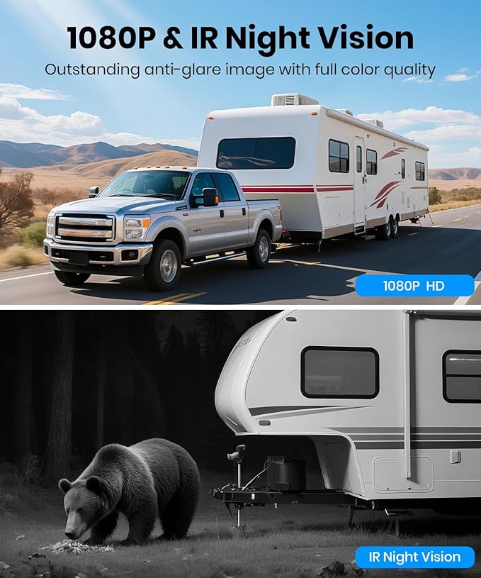 AUTO-VOX 2 Solar Wireless Backup Camera System: 7.2” 1080P HD Monitor, 3-Min Quick Installation for Wider Rear & Trailer View, IP69K Waterproof Back Up Camera for Truck, RV, Camper, Horse/Boat Trailer