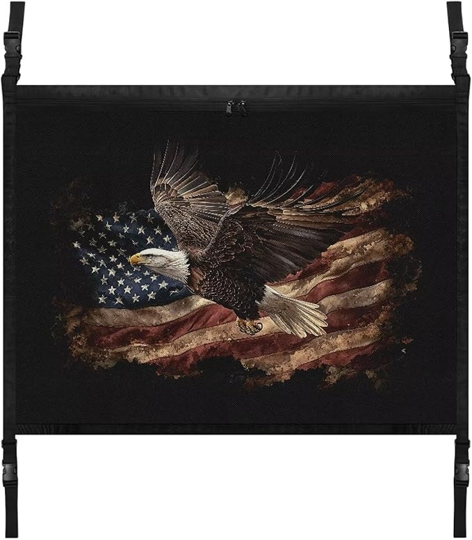 Generic American Flag Eagle Car Ceiling Cargo Net,31.69"x24.02" Reduce Sagging Car Storage Mesh Organizer,Double Layer Roof Mesh Camping Over Landing Gear Cargo Bag,Road Trip Essentials