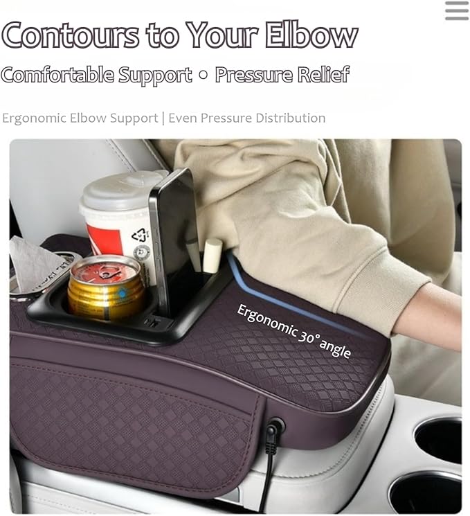 2026 Enhanced Car Center Console Armrest Cushion with USB& Type-C Charging, PU Leather Console Pad with Cup Holders, Storage& Tissue Outlet for Most Vehicles (Sloped Version, Light Beige)