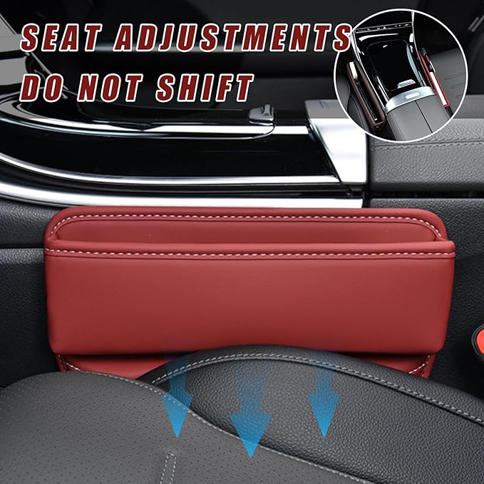Ziciner Car Seat Gap Organizer, Premium Leather Auto Seat Storage Box, Vehicle Adjustable Front Seat Gap Filler, Car Seat Side Pocket Organizer for Phones, Glasses, Keys, Money, Cards (Red)